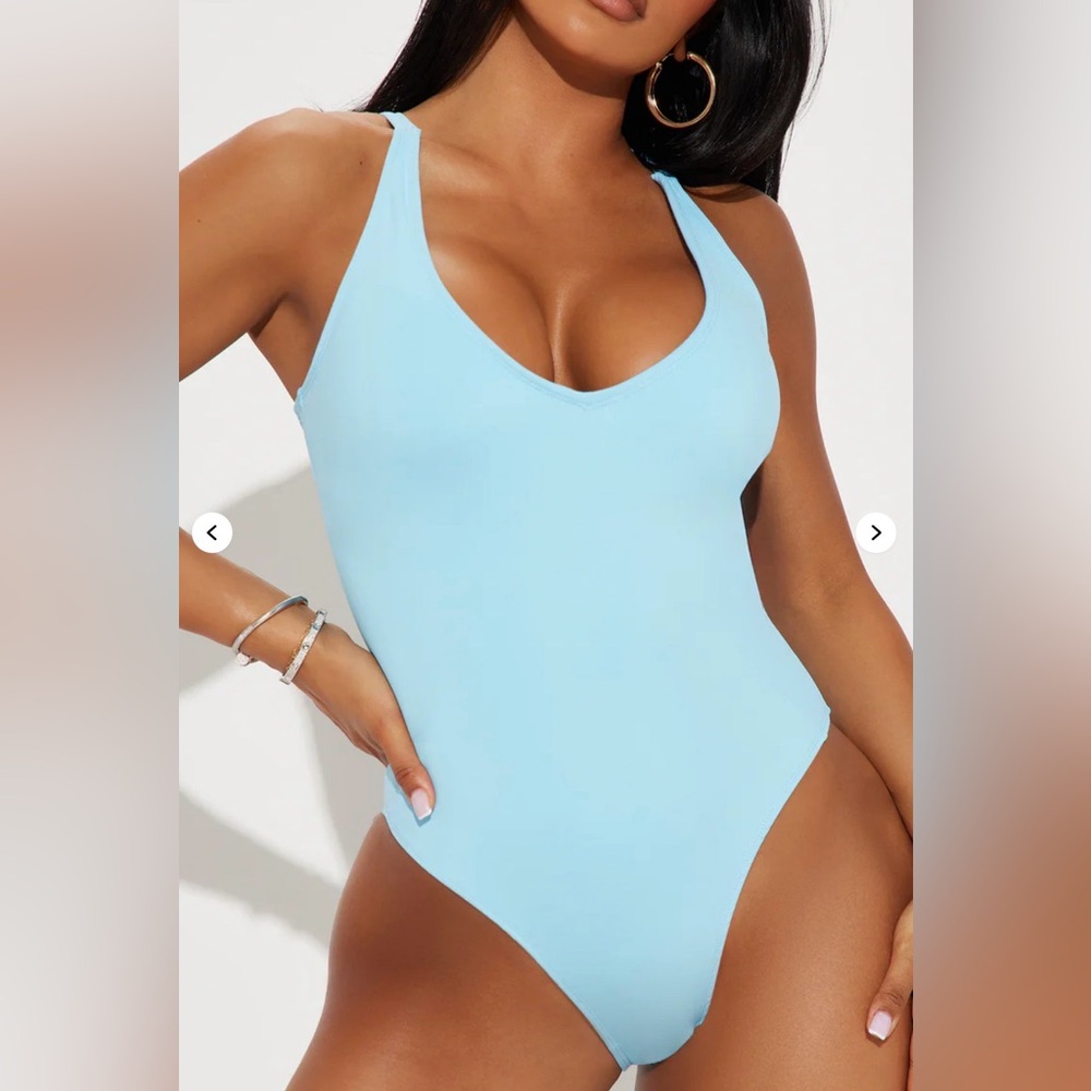 Delvina Snatched Sculpting V-neck Light Blue One Piece NWT